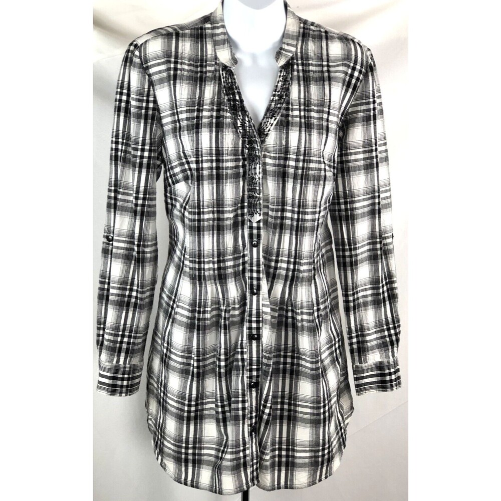 Vtg Mini Dress Long Tunic 6 Blk Plaid Metallic Pleated Beads RollTab Sleeve Y2K